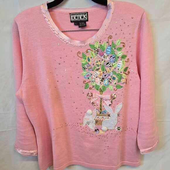 Vintage Berek 2 Takako Sakon Pink Embroidered/beaded Sweater, Size Large, Bunny - Picture 1 of 7